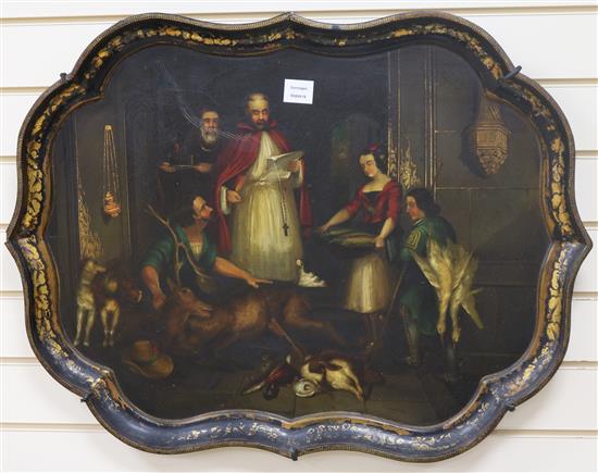 B. Walton & Co. [of Wolverhampton] A mid Victorian shaped oval papier mache tray, ptd with interior scene (cracked)